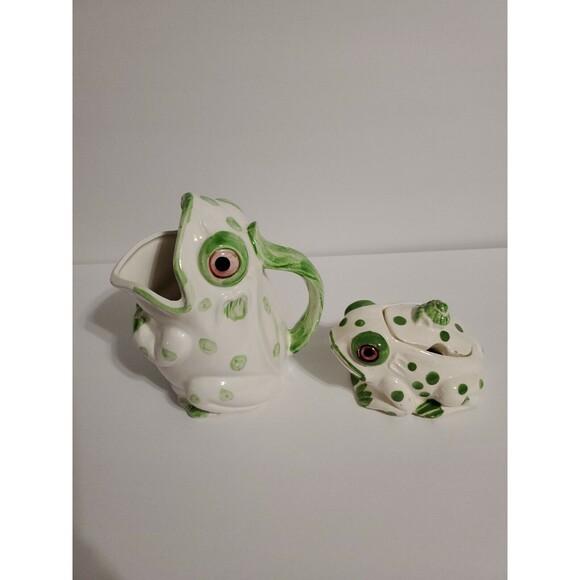 Vintage J S N Y Ceramic Frog Creamer & Lidded Sugar Bowl Japan Nice - Picture 3 of 7